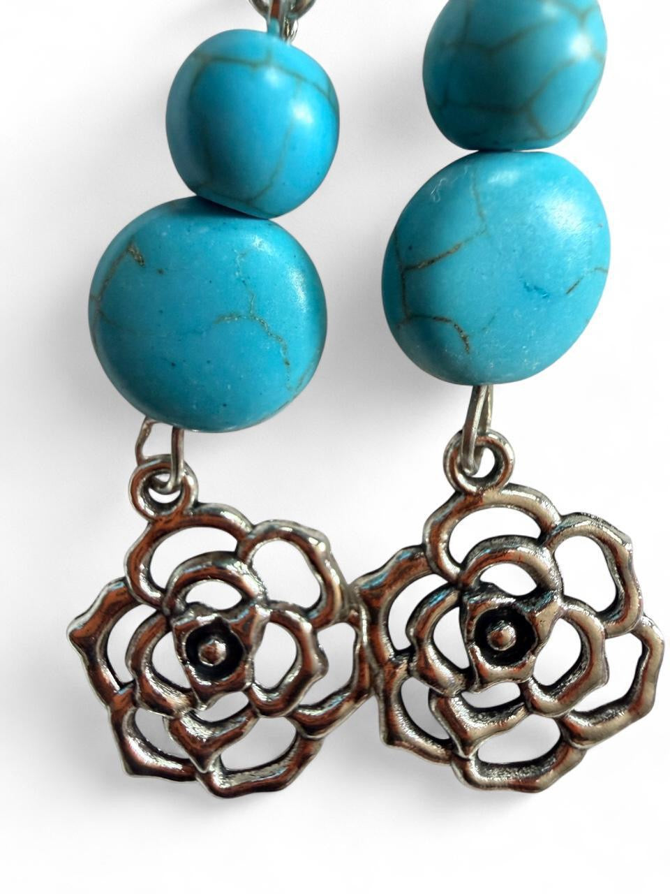 Handmade Turquoise Style Bead Flower Drop Earrings in Antique Silver