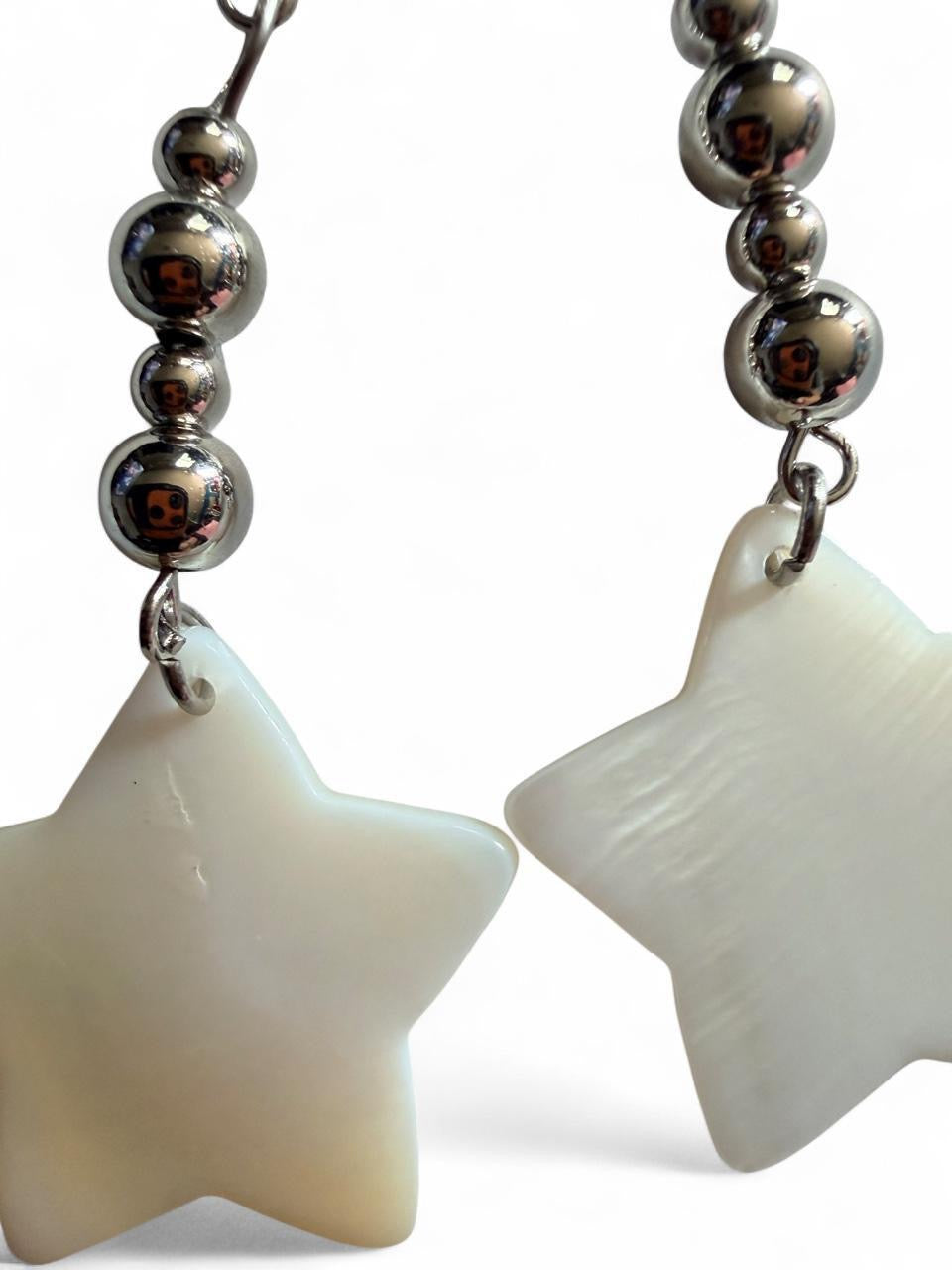 Handcrafted Mother of Pearl Style Star & Gunmetal Beaded Dangle Earrings