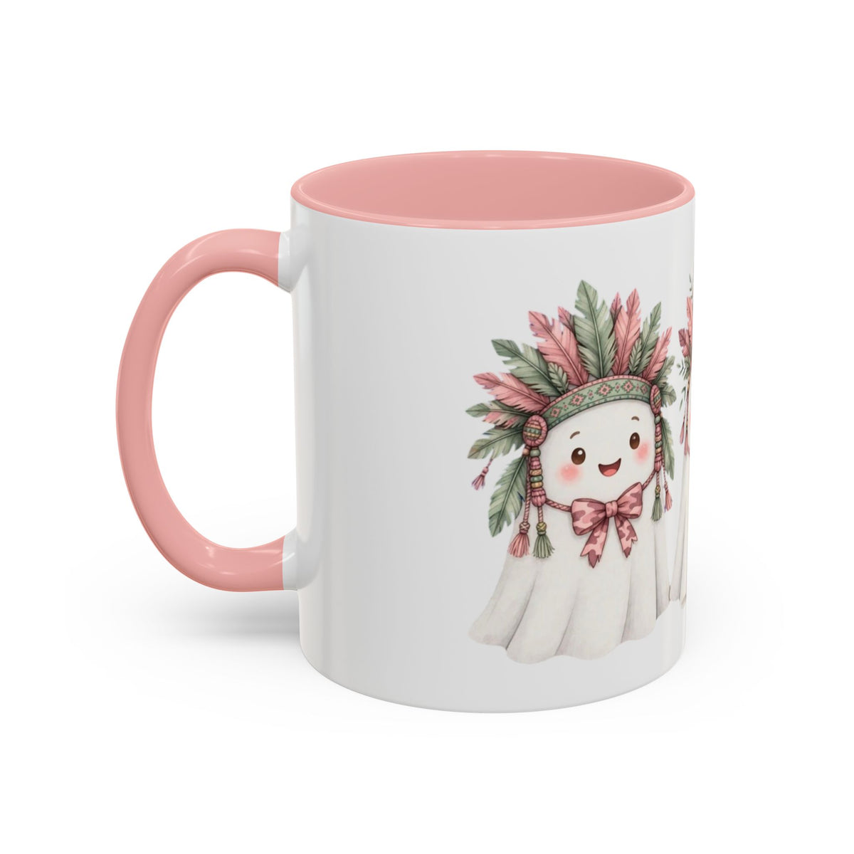Cute Ghost Mug with Floral Feather Headdress – Pink Accent Coffee Cup (11/15 oz)