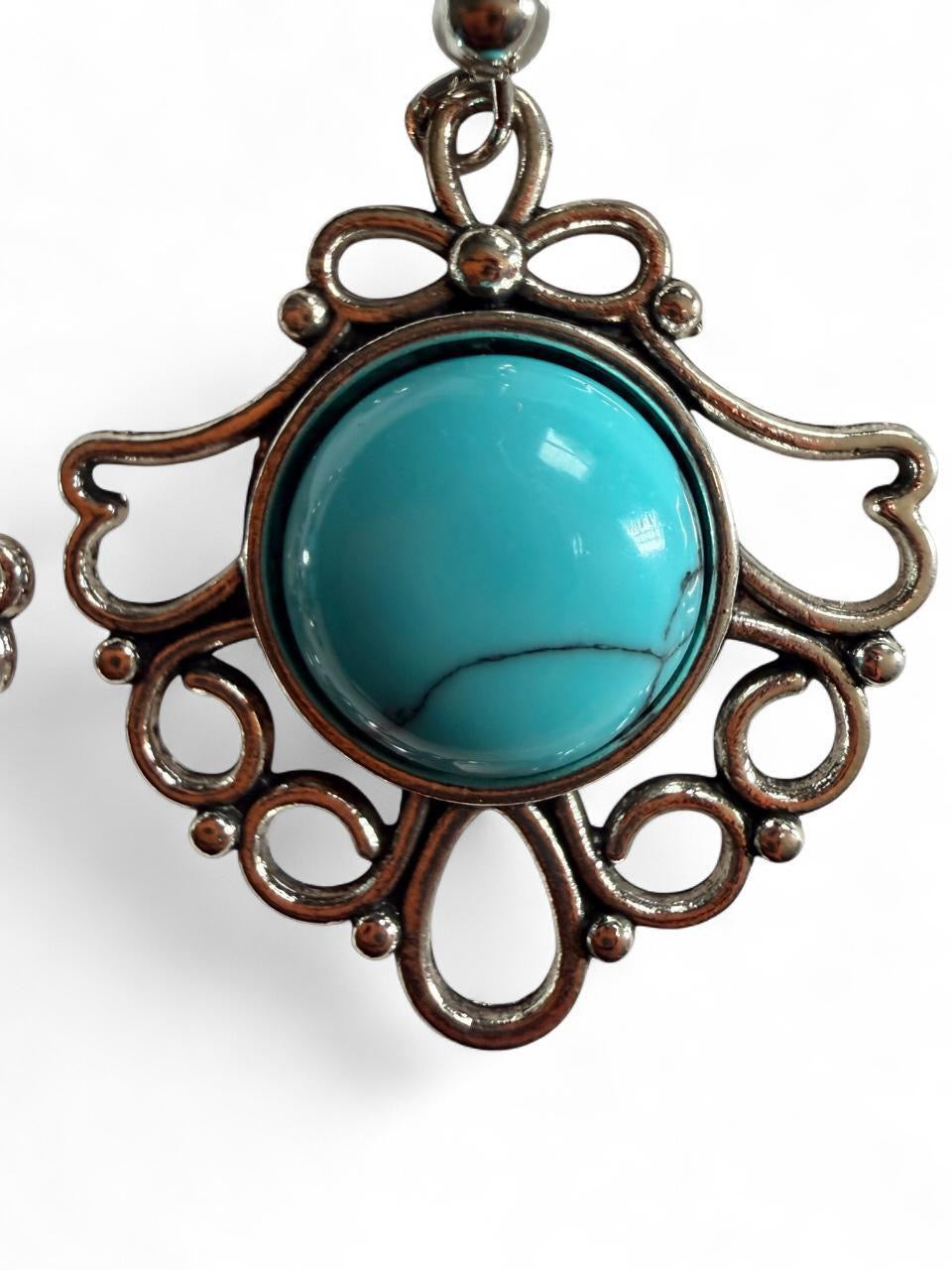 Boho Turquoise Filigree Statement Earrings | Handmade Silver-Tone Dangles