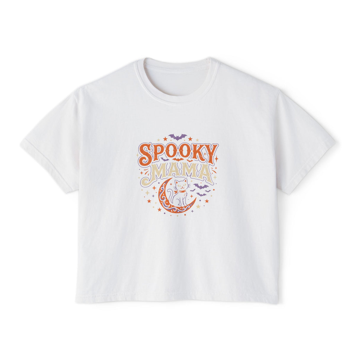 Spooky Mama Boxy Tee — Halloween Moon & Bats Graphic