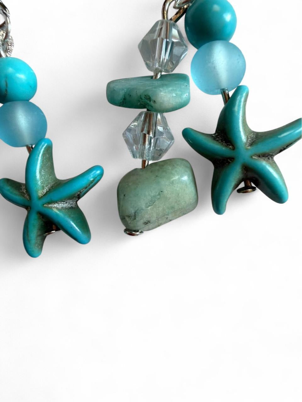 Handcrafted Turquoise Starfish & Natural Sea Stone Chandelier Dangle Earrings