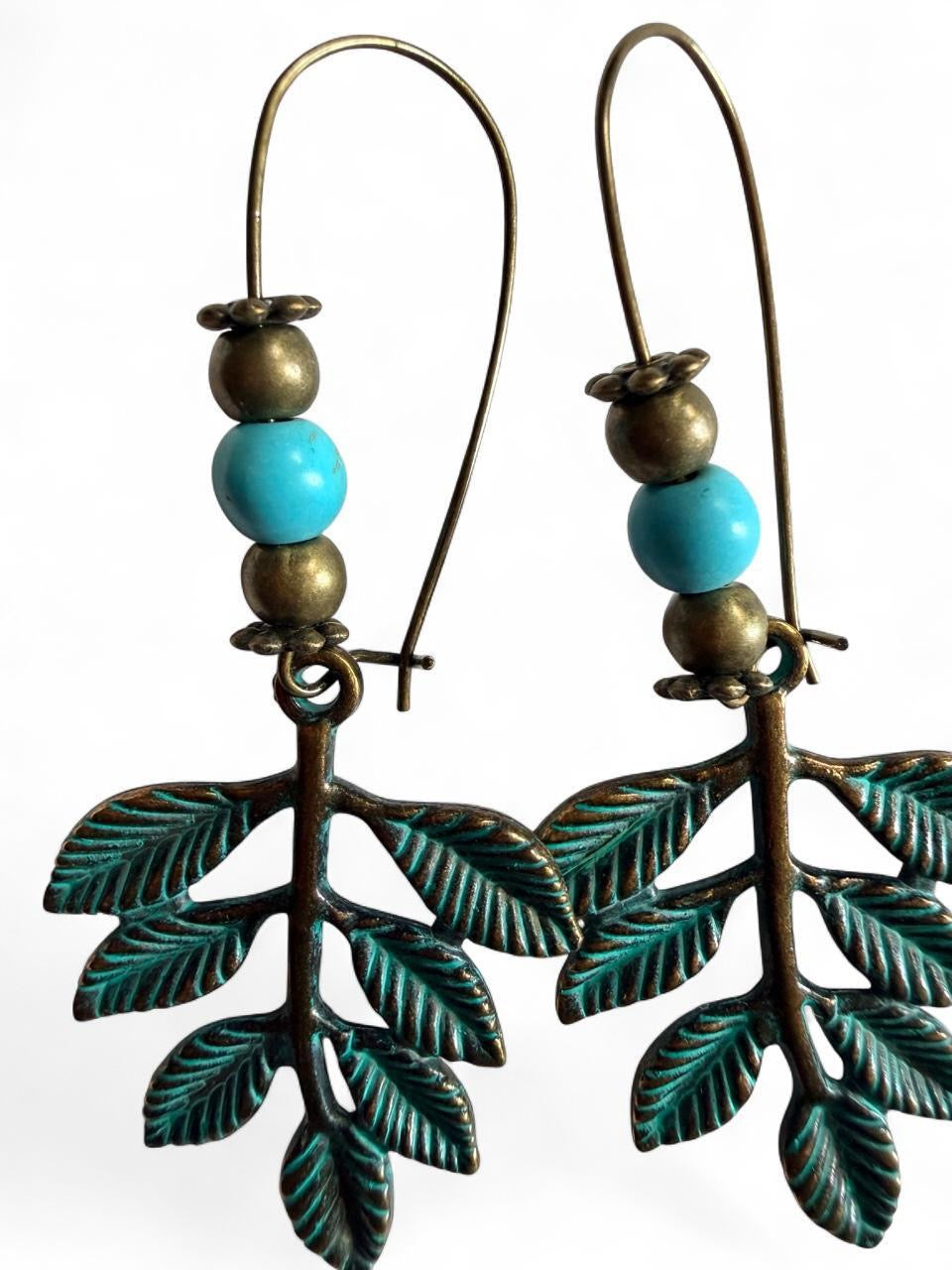 Green Leaf Earrings with Turquoise Bead