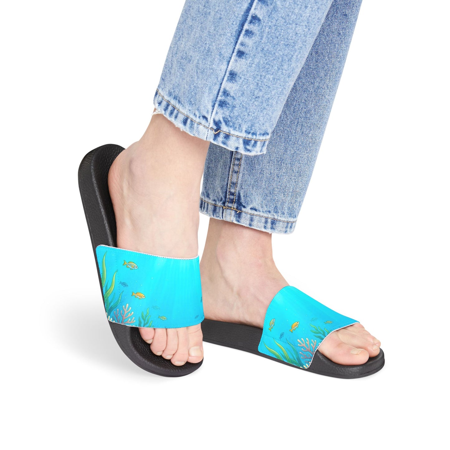 Women's Removable-Strap Slide Sandals — Aqua Gradient with Gold Leaf Accent