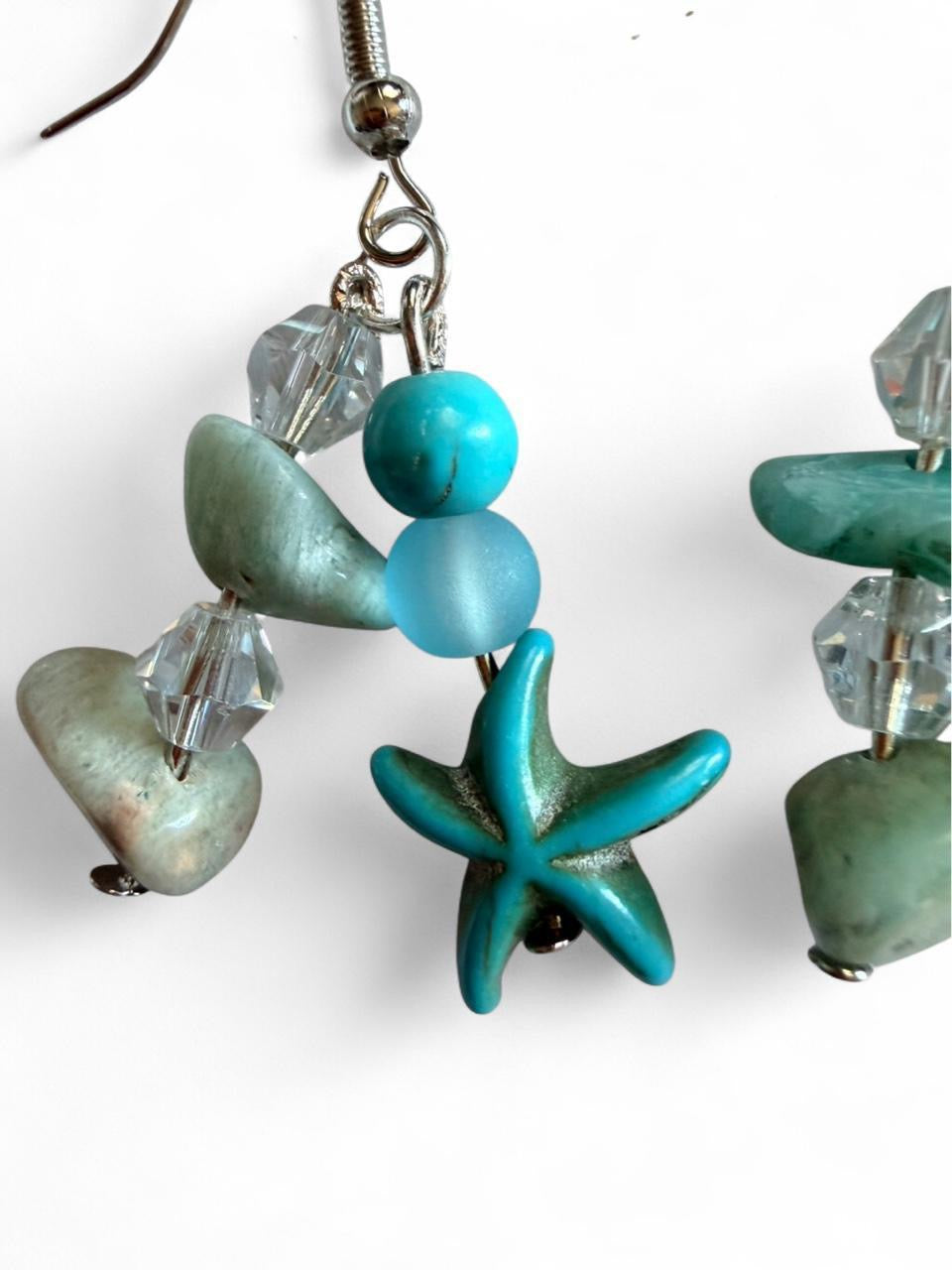 Handcrafted Turquoise Starfish & Natural Sea Stone Chandelier Dangle Earrings