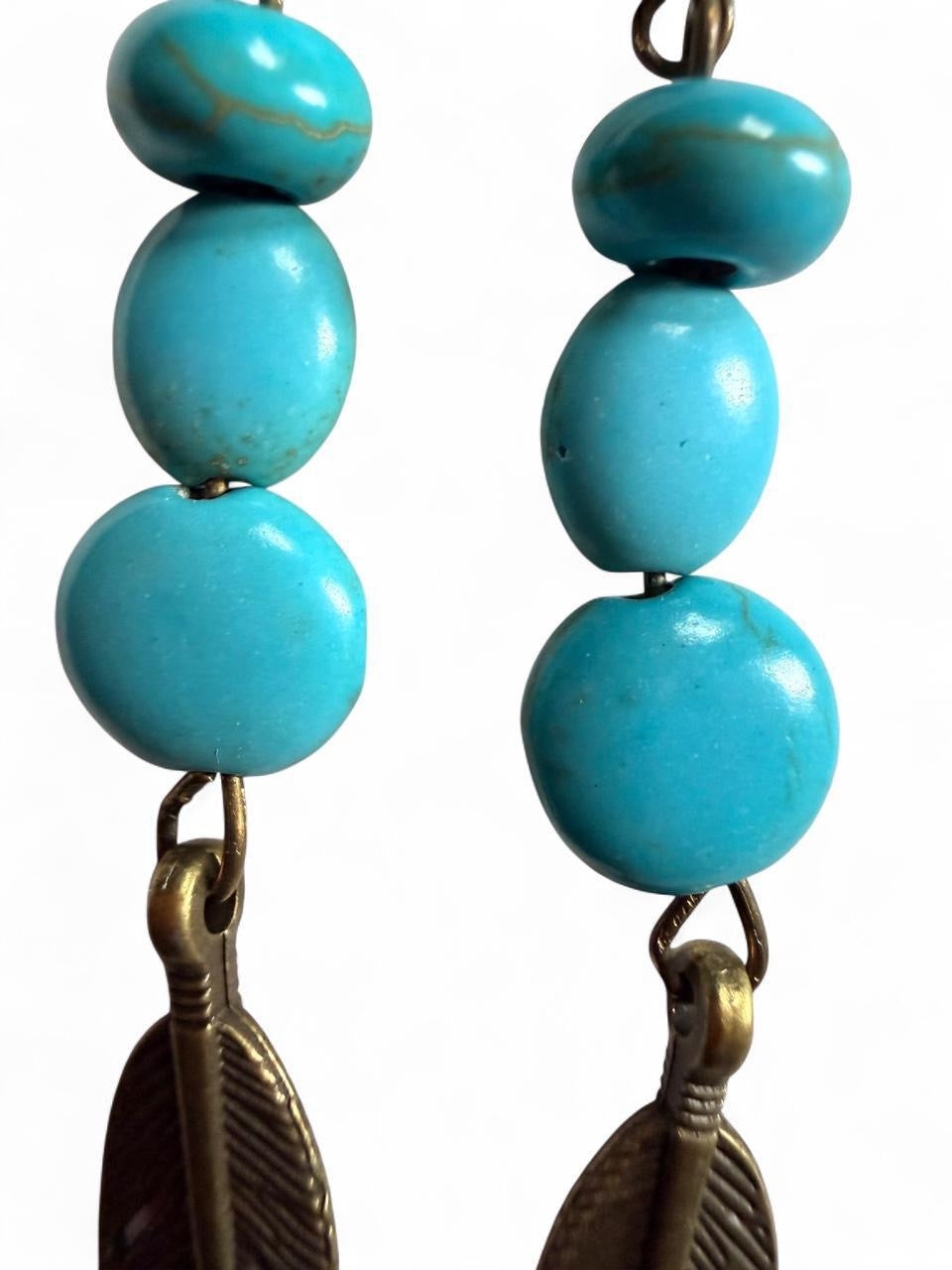 Handmade Turquoise Bead & Feather Dangle Earrings