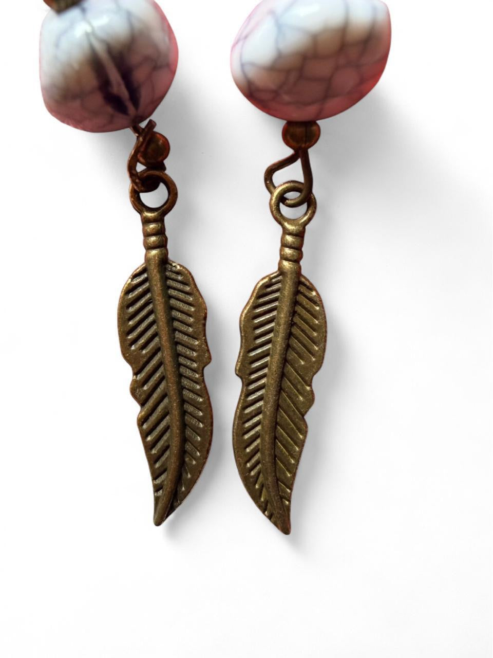 Handmade Feather Earrings – Crackle Bead & Antique Bronze