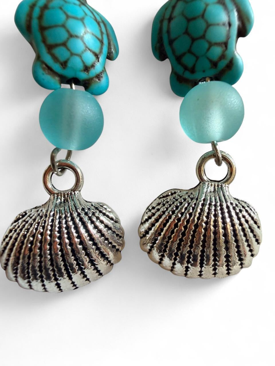Handcrafted Turquoise Sea Turtle & Seashell Dangle Earrings