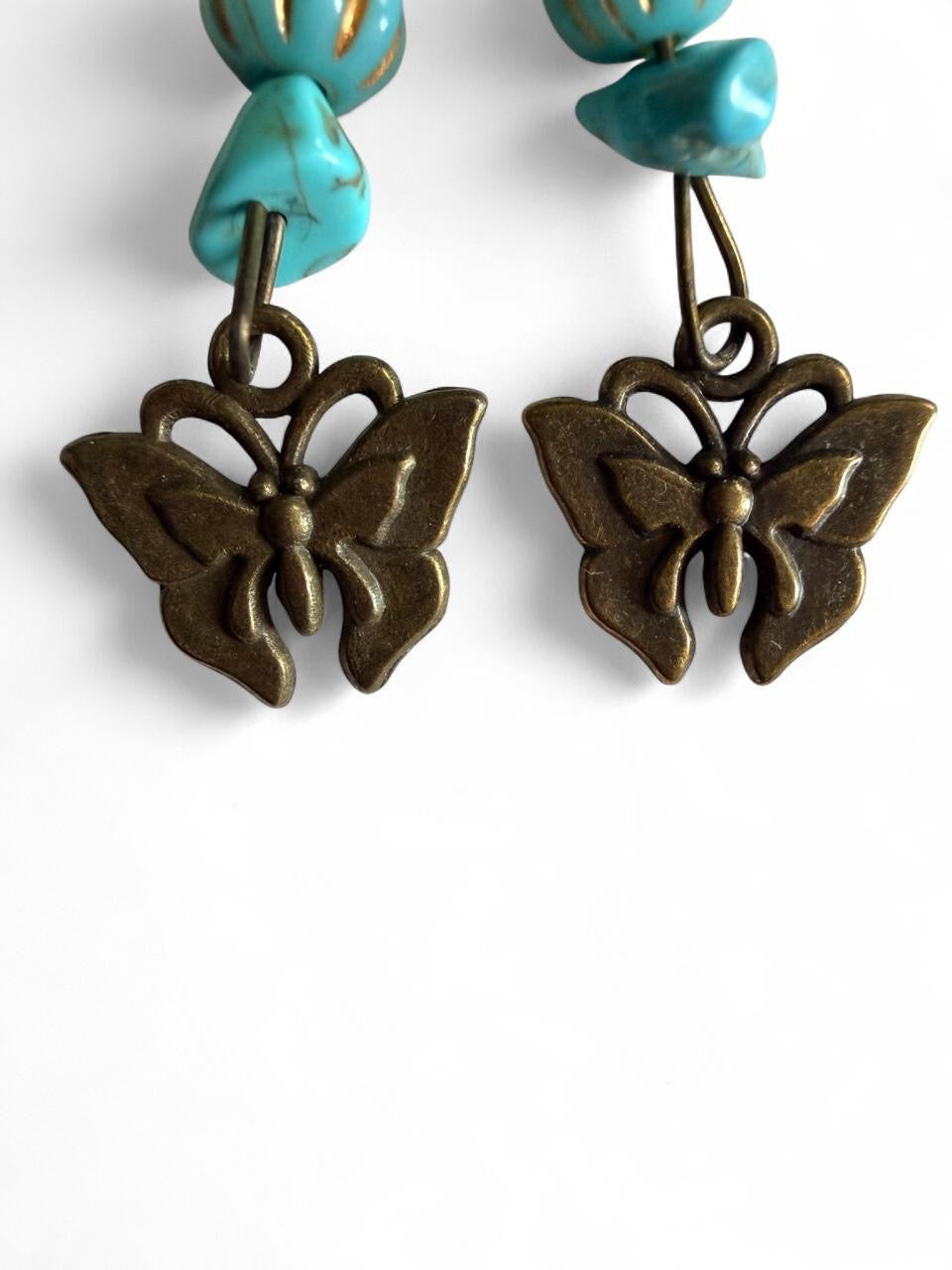 Handmade Turquoise Butterfly Dangle Earrings | Boho Bronze Jewelry