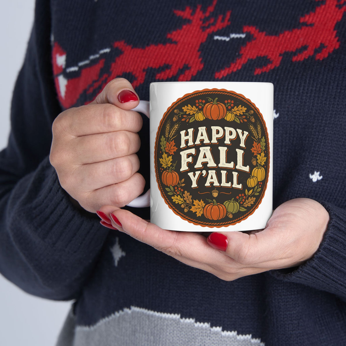 Happy Fall Y'all Ceramic Mug — Autumn Pumpkin & Leaves Coffee Cup (11oz, 15oz)