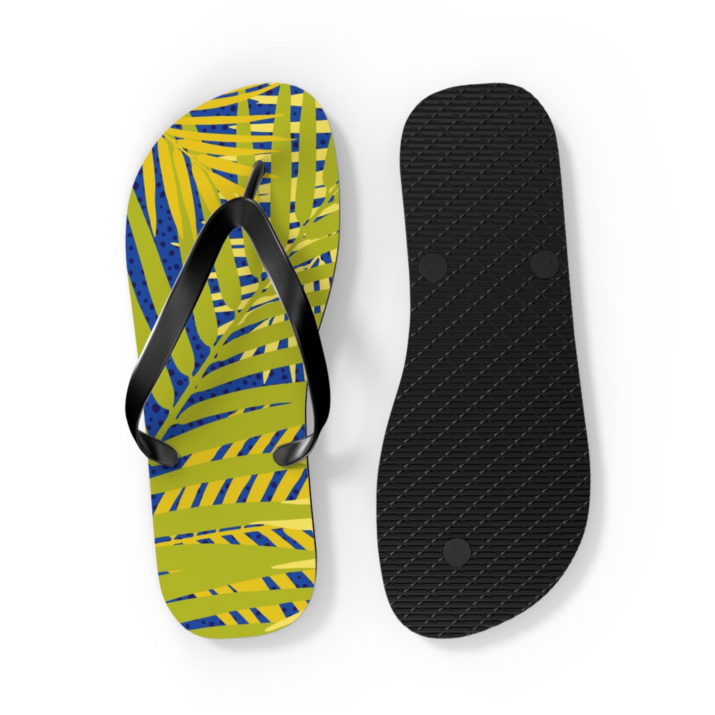 Tropical Palm Print Flip Flops — Yellow & Blue Beach Sandals