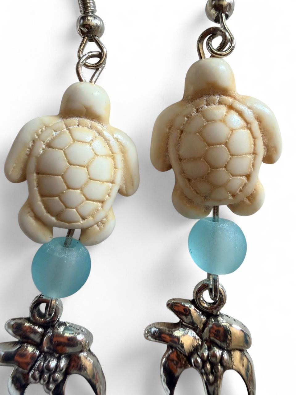 Handcrafted Coastal Sea Turtle & Palm Tree Dangle Earrings