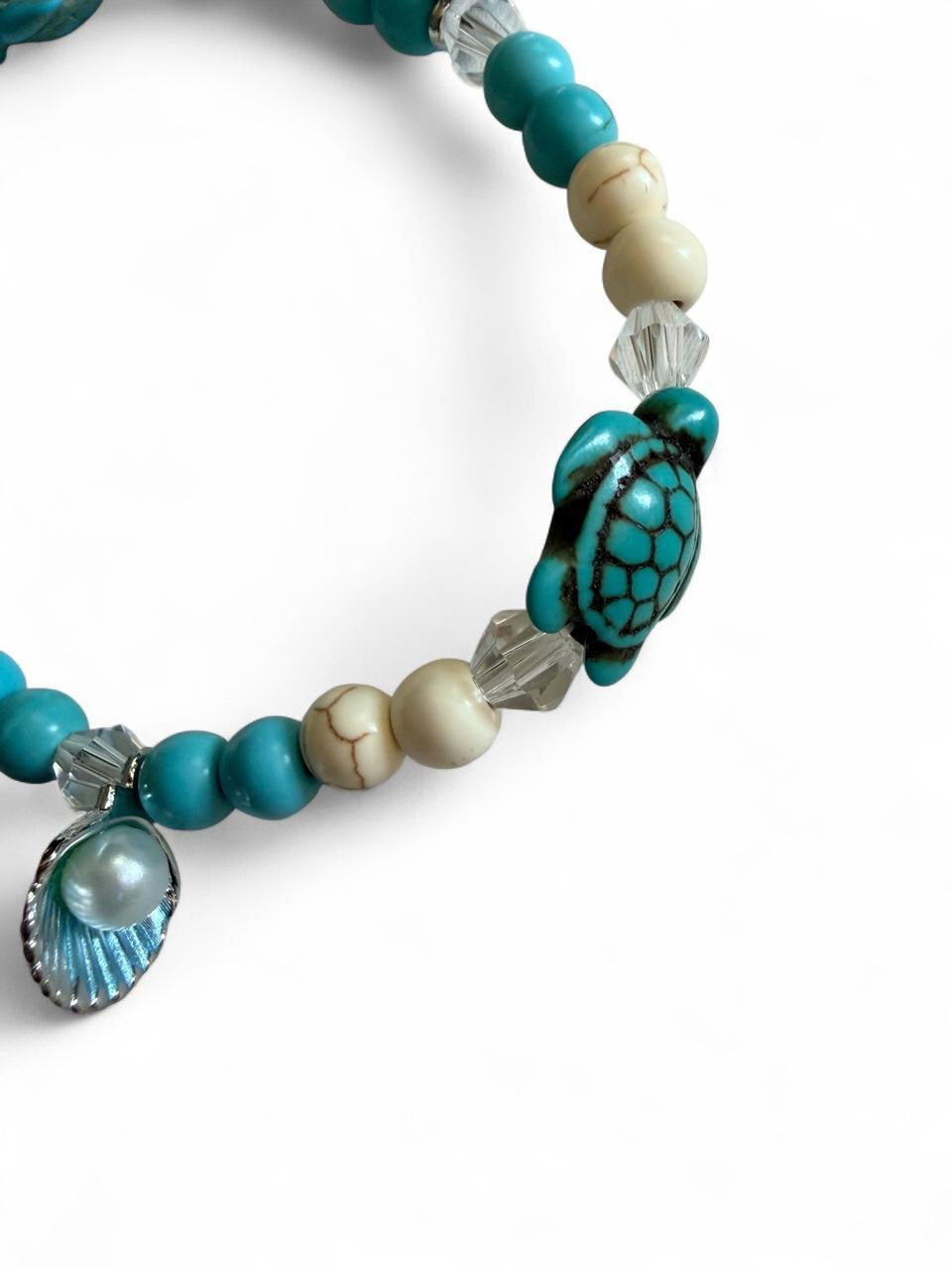 Handcrafted Turquoise Sea Turtle & Pearl Seashell Coastal Anklet