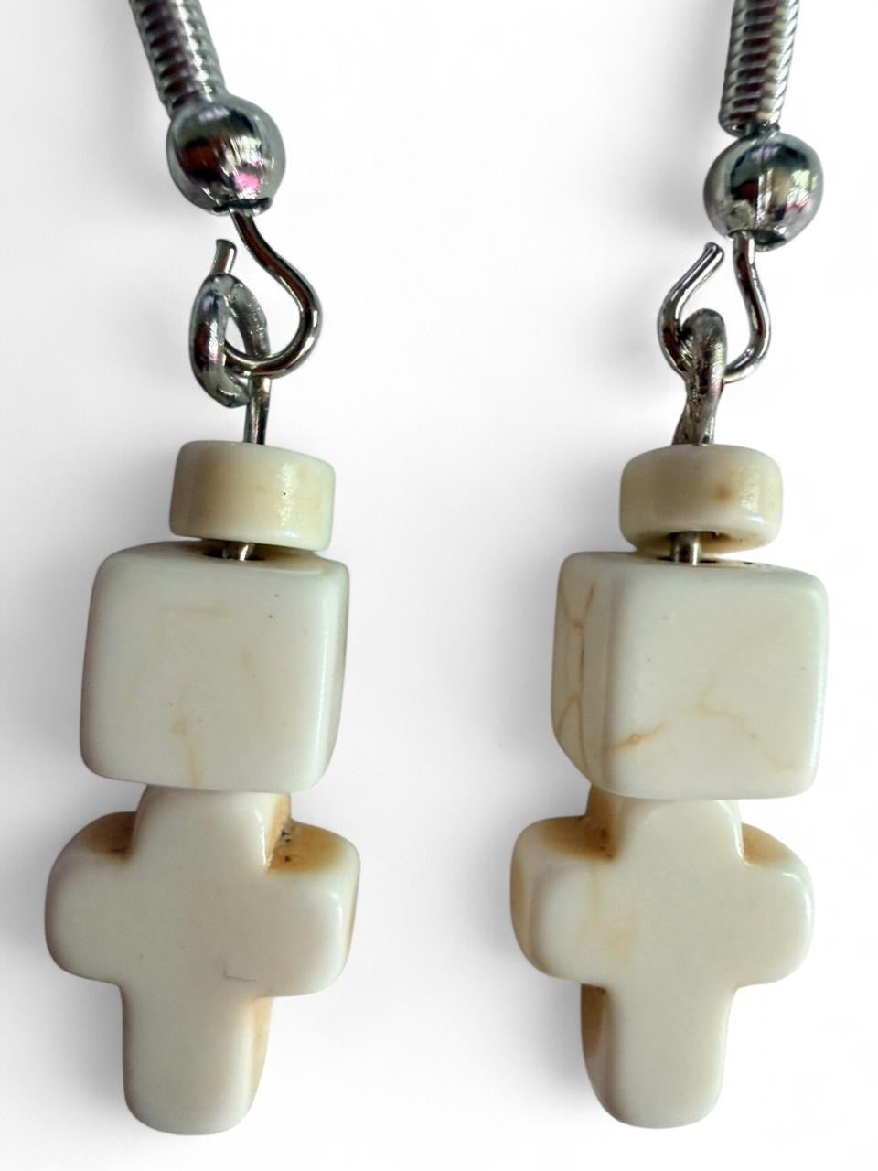 Handmade White Howlite Cross Dangle Earrings – Minimalist Stone Beaded Earrings