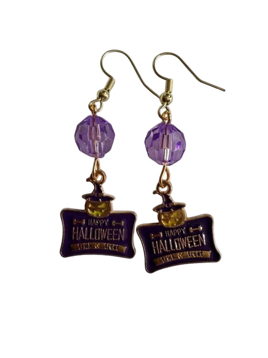 Boo-tiful Happy Halloween Sign Earrings | Purple Halloween Dangle Earrings | Trick or Treat Earrings | Boo-tiful Souls Collection