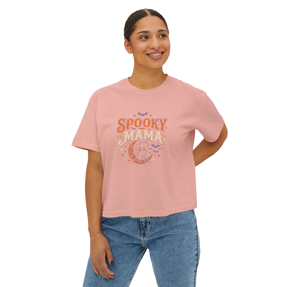 Spooky Mama Boxy Tee — Halloween Moon & Bats Graphic