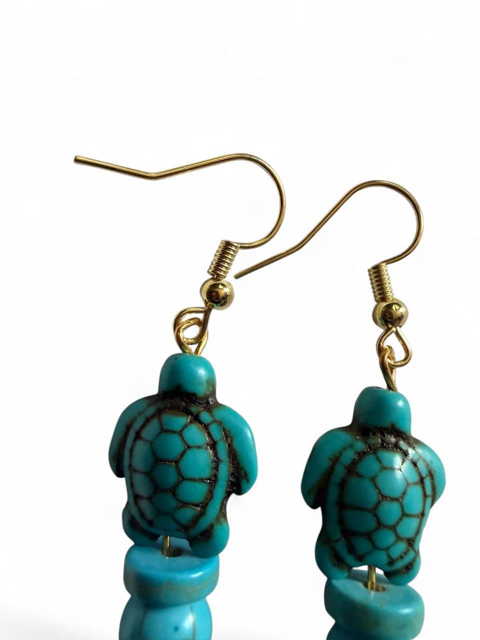 Handcrafted Turquoise Beaded Sea Turtle & Gold Turtle Dangle Earrings