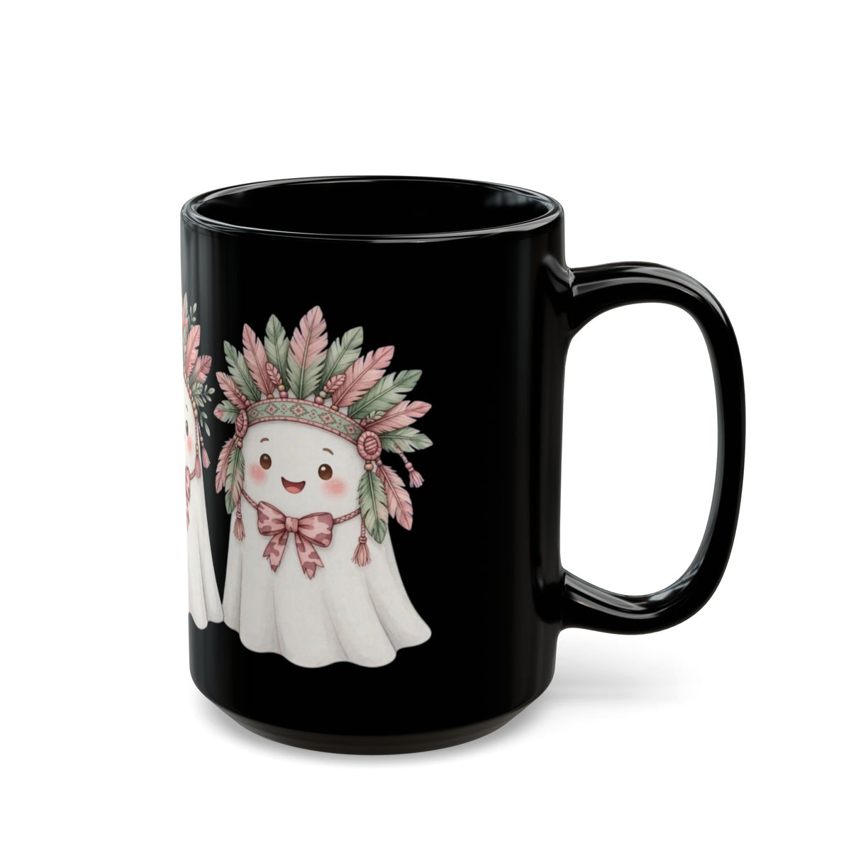 Cute Ghost Mug with Feather Headdress — Halloween Coffee Cup