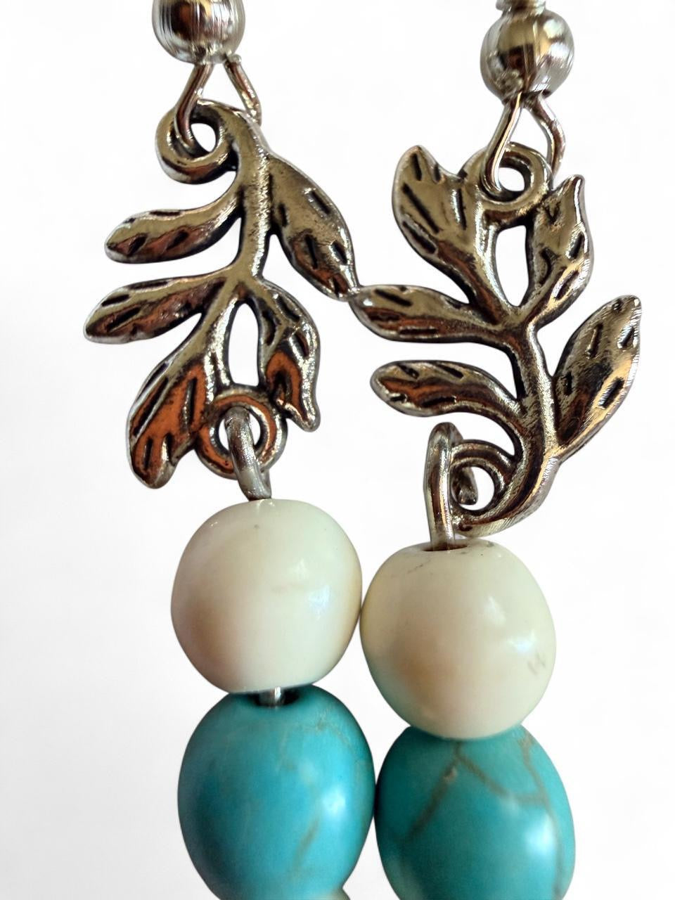 Harvest Leaf & Stone Earrings | Turquoise & Cream Beaded Leaf Earrings | The Harvest Souls Collection
