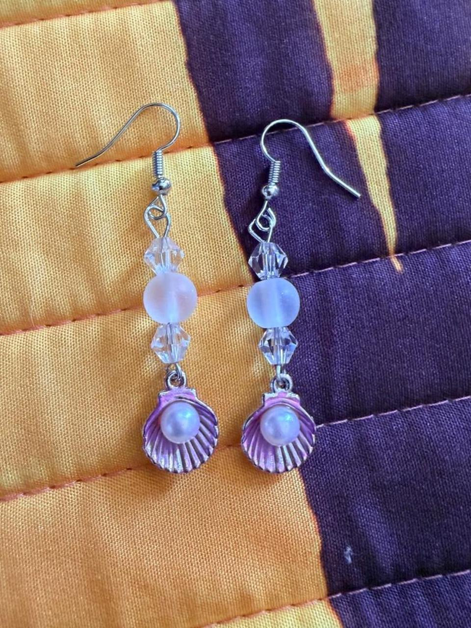 Handcrafted Purple Seashell & Pearl Style Dangle Earrings