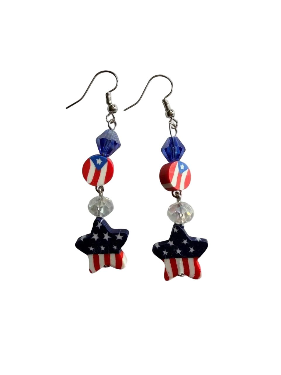 Handmade Patriotic Stacked American Flag Earrings | Tiered Red White & Blue Crystal Drops