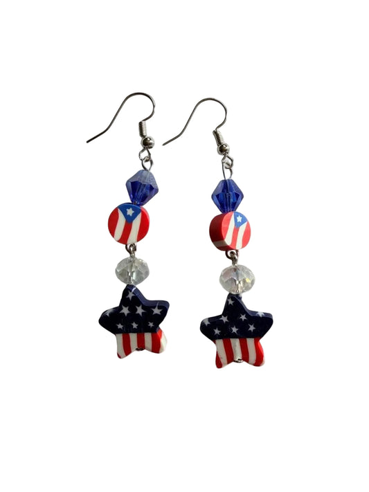 Handmade Patriotic Stacked American Flag Earrings | Tiered Red White & Blue Crystal Drops