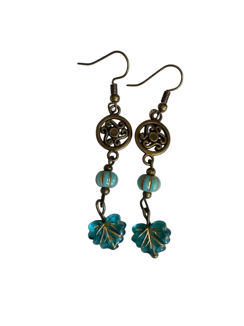 Harvest Souls – Turquoise Swirl & Blue Leaf Earrings