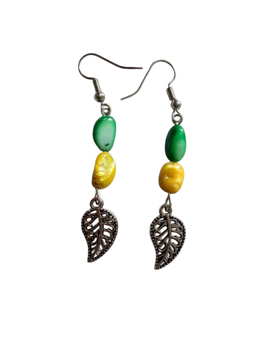 Green & Yellow Leaf Charm Earrings | Handmade Boho Dangle Earrings