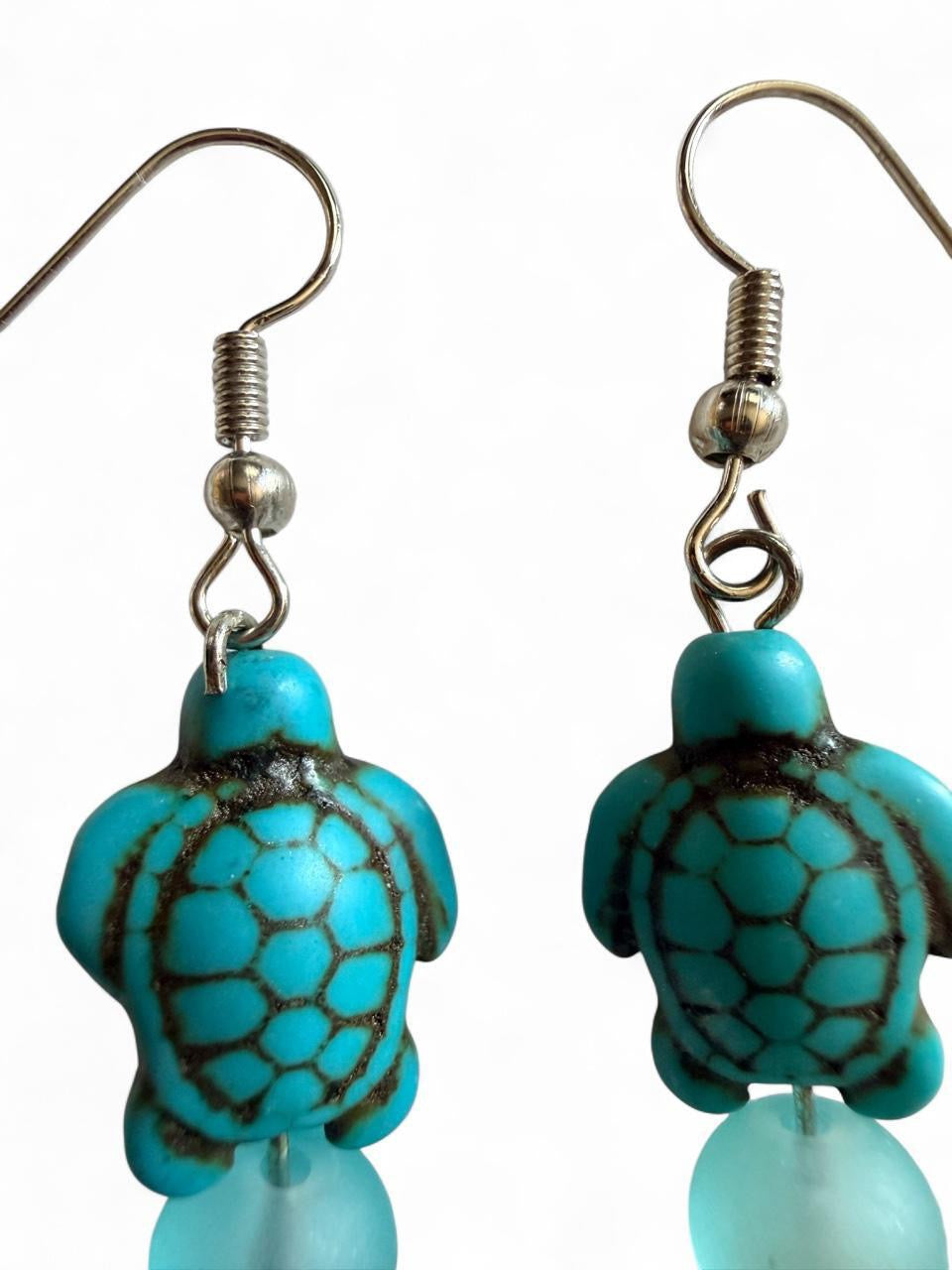 Handcrafted Turquoise Sea Turtle & Seashell Dangle Earrings