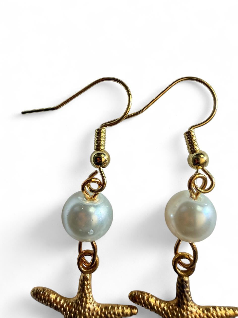 Handcrafted Gold Starfish & Pearl Style Dangle Earrings