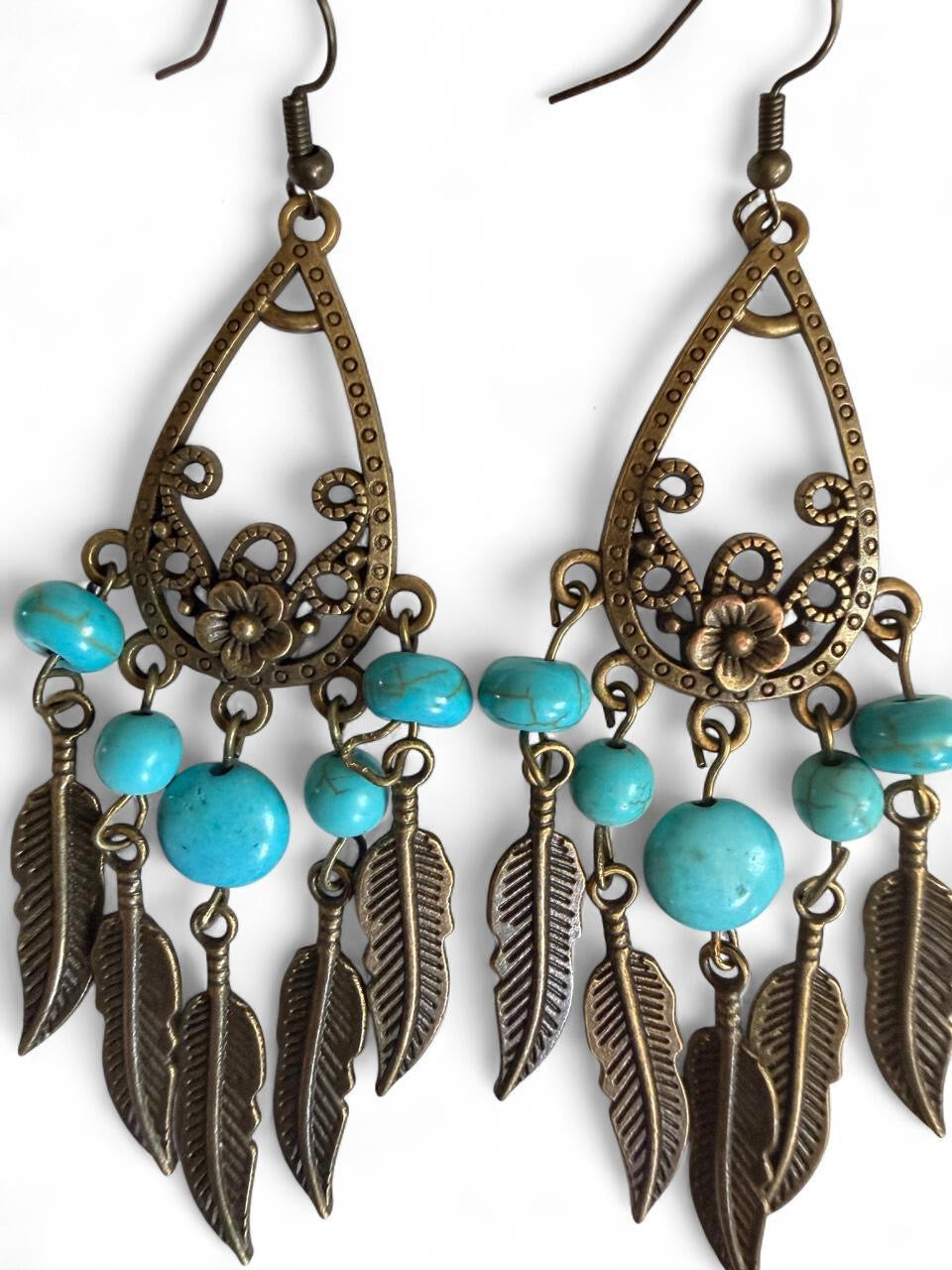 Harvest Souls – Turquoise Teardrop & Feather Cascade Earrings