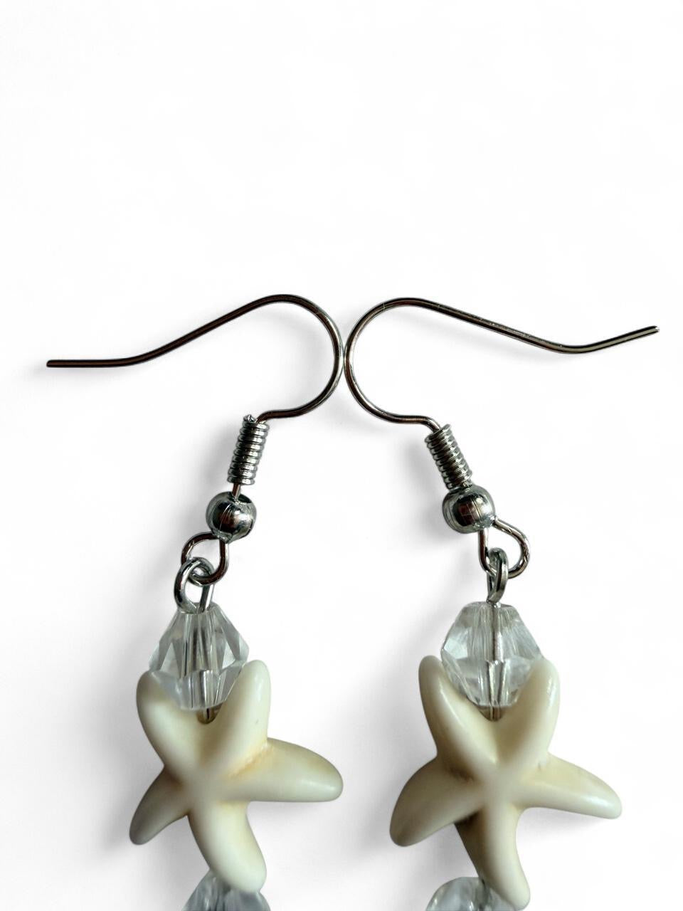 Handcrafted White Starfish & Shimmering Crystal Style Dangle Earrings