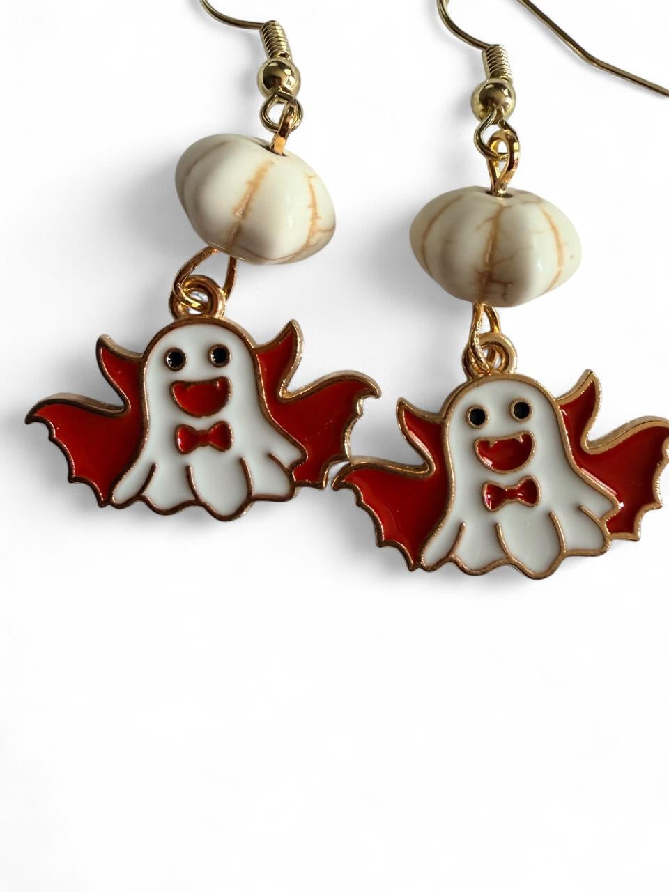 Boo-tiful Ghost Bat Earrings | Cute Halloween Ghost Dangle Earrings | White & Red Enamel Earrings | Boo-tiful Souls Collection