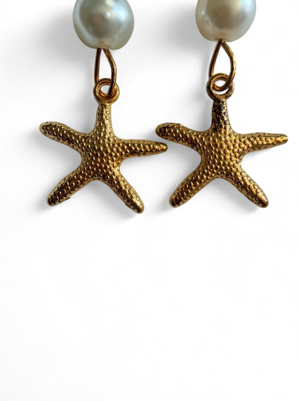 Handcrafted Gold Starfish & Pearl Style Dangle Earrings