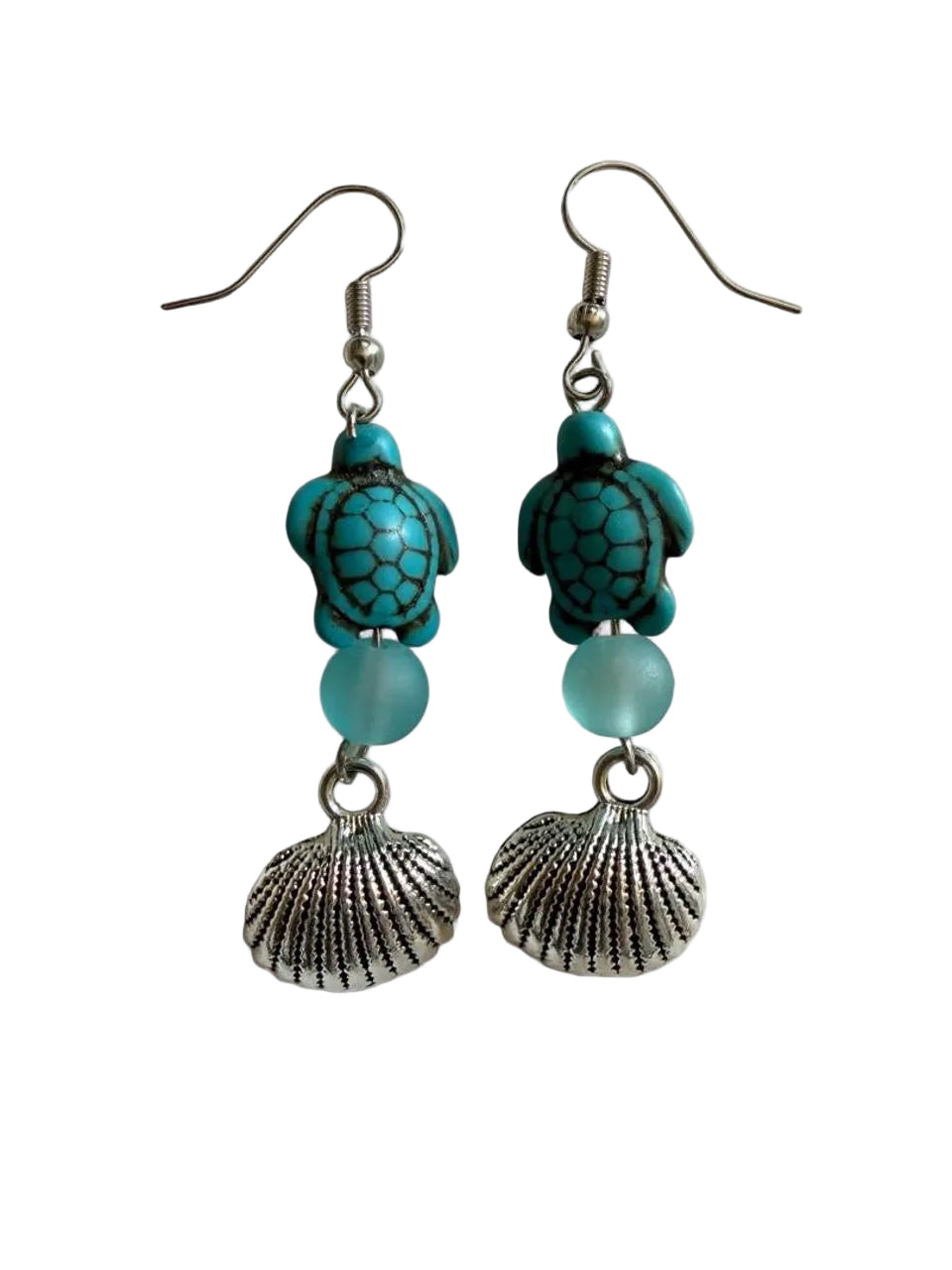 Handcrafted Turquoise Sea Turtle & Seashell Dangle Earrings