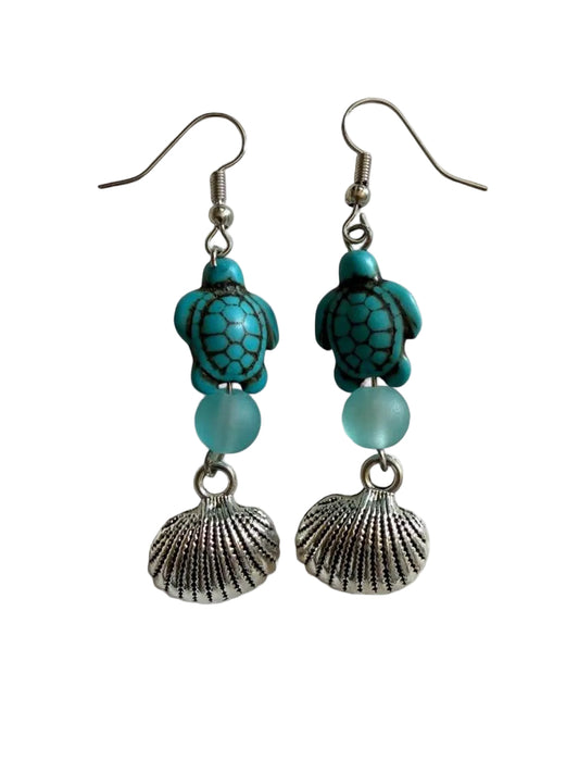 Handcrafted Turquoise Sea Turtle & Seashell Dangle Earrings