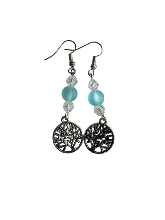 Tree of Life Dangle Earrings - Blue Frosted Bead