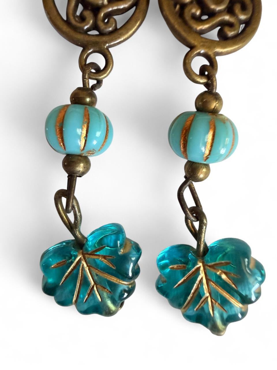 Harvest Souls – Turquoise Swirl & Blue Leaf Earrings