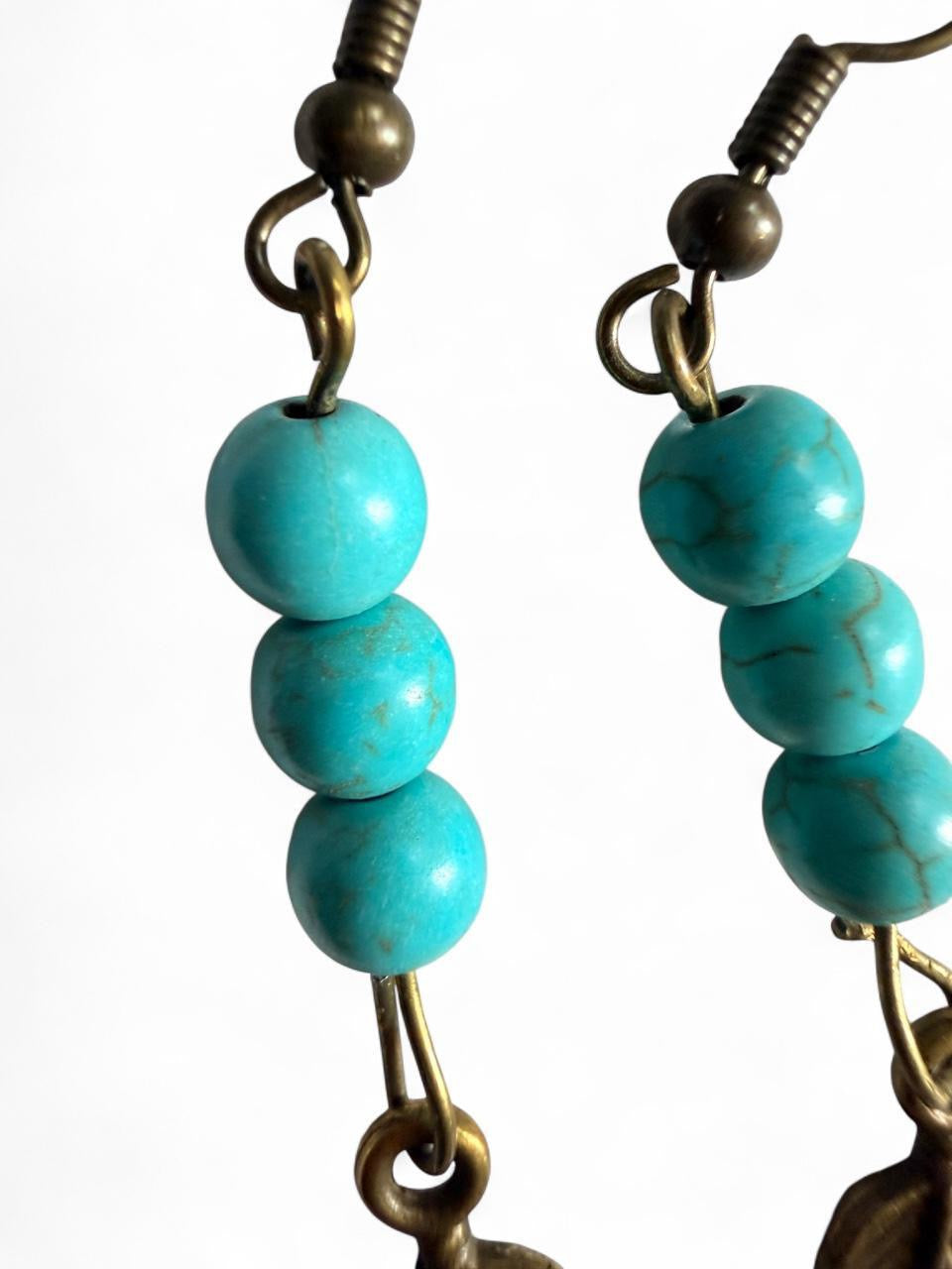 Handmade Bronze Feather Turquoise Beaded Dangle Earrings