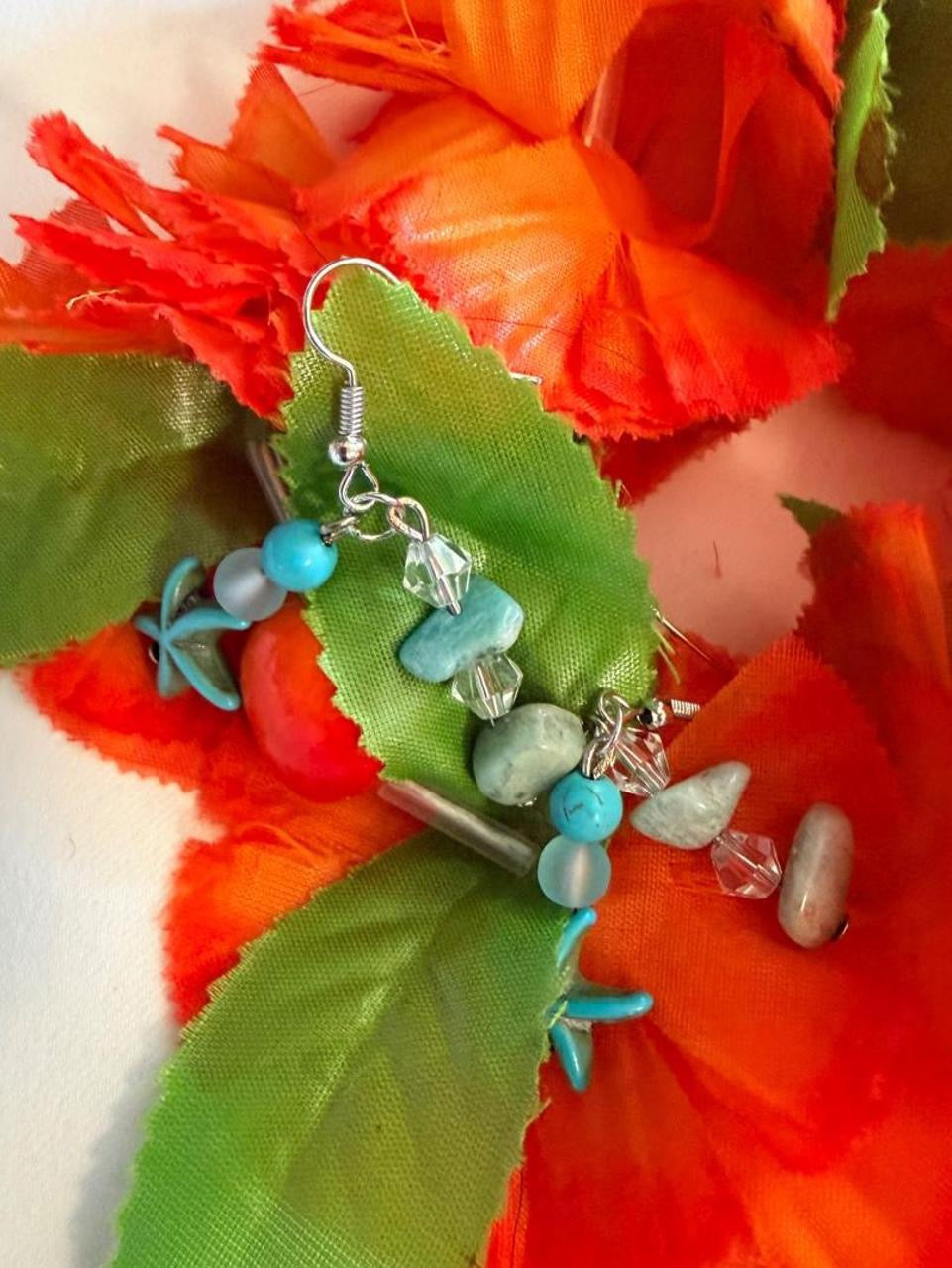 Handcrafted Turquoise Starfish & Natural Sea Stone Chandelier Dangle Earrings