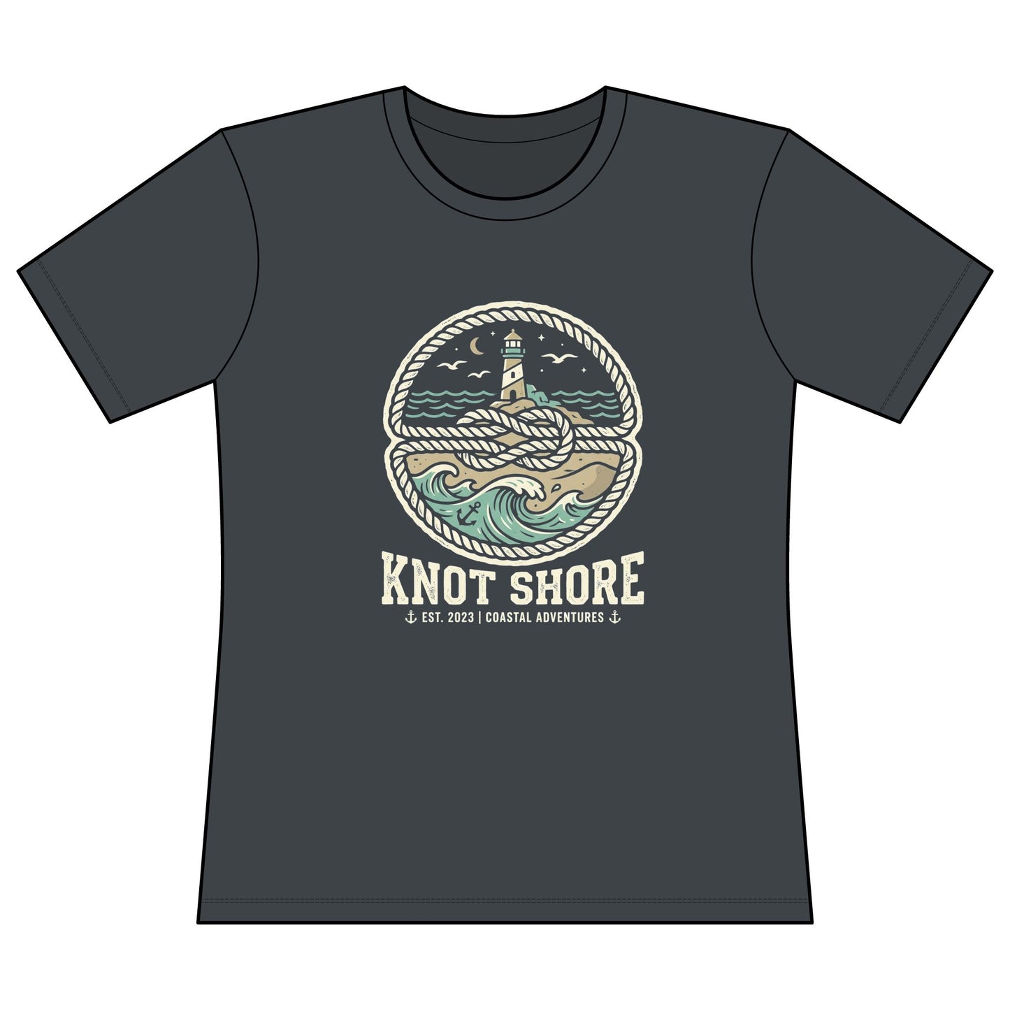 Knot Shore Women’s Tee — Nautical Lighthouse Graphic Concert Shirt