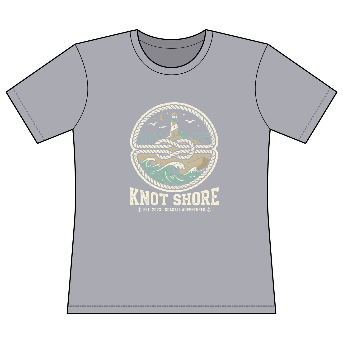 Knot Shore Women’s Tee — Nautical Lighthouse Graphic Concert Shirt