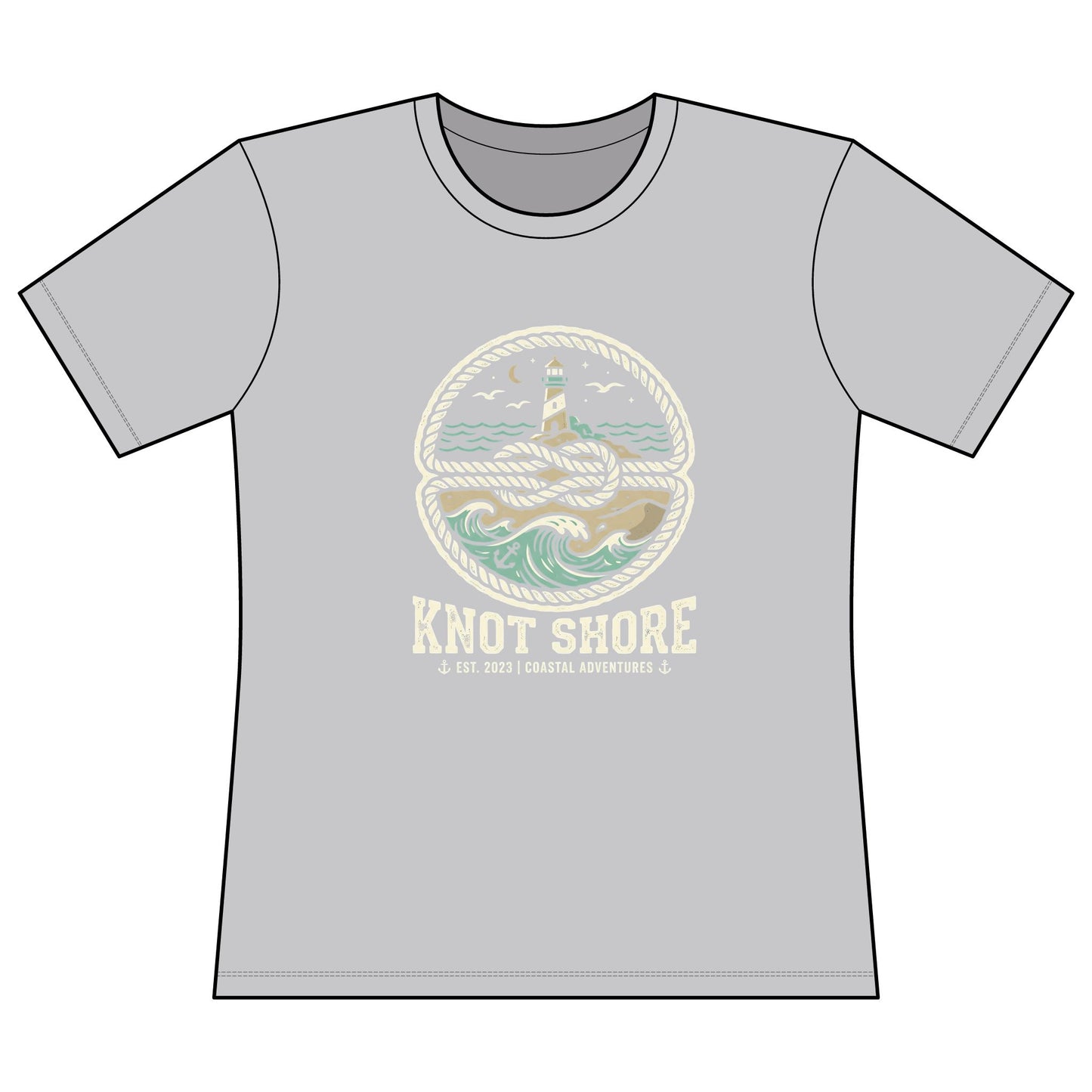 Knot Shore Women’s Tee — Nautical Lighthouse Graphic Concert Shirt