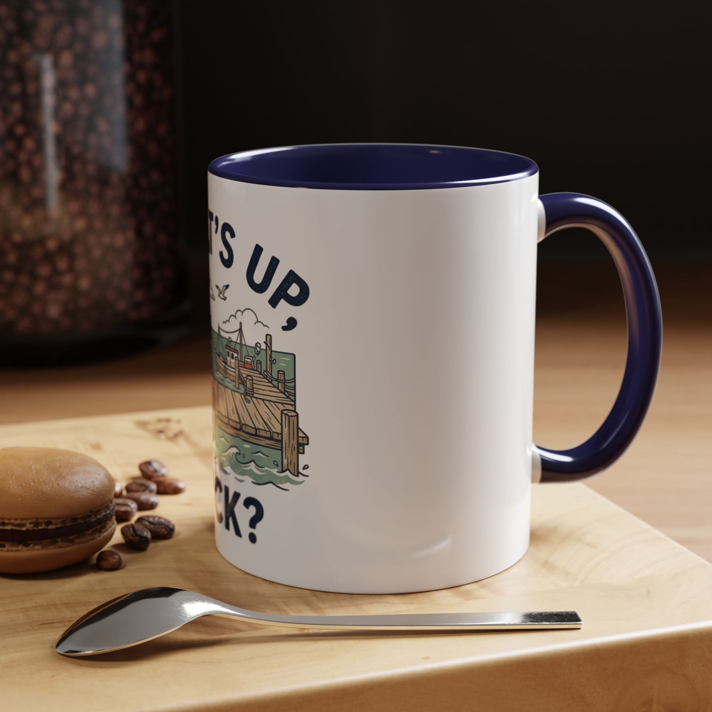 "What's Up, Dock?" Nautical Coffee Mug — Harbor Pier Boat Illustration (11/15 oz)