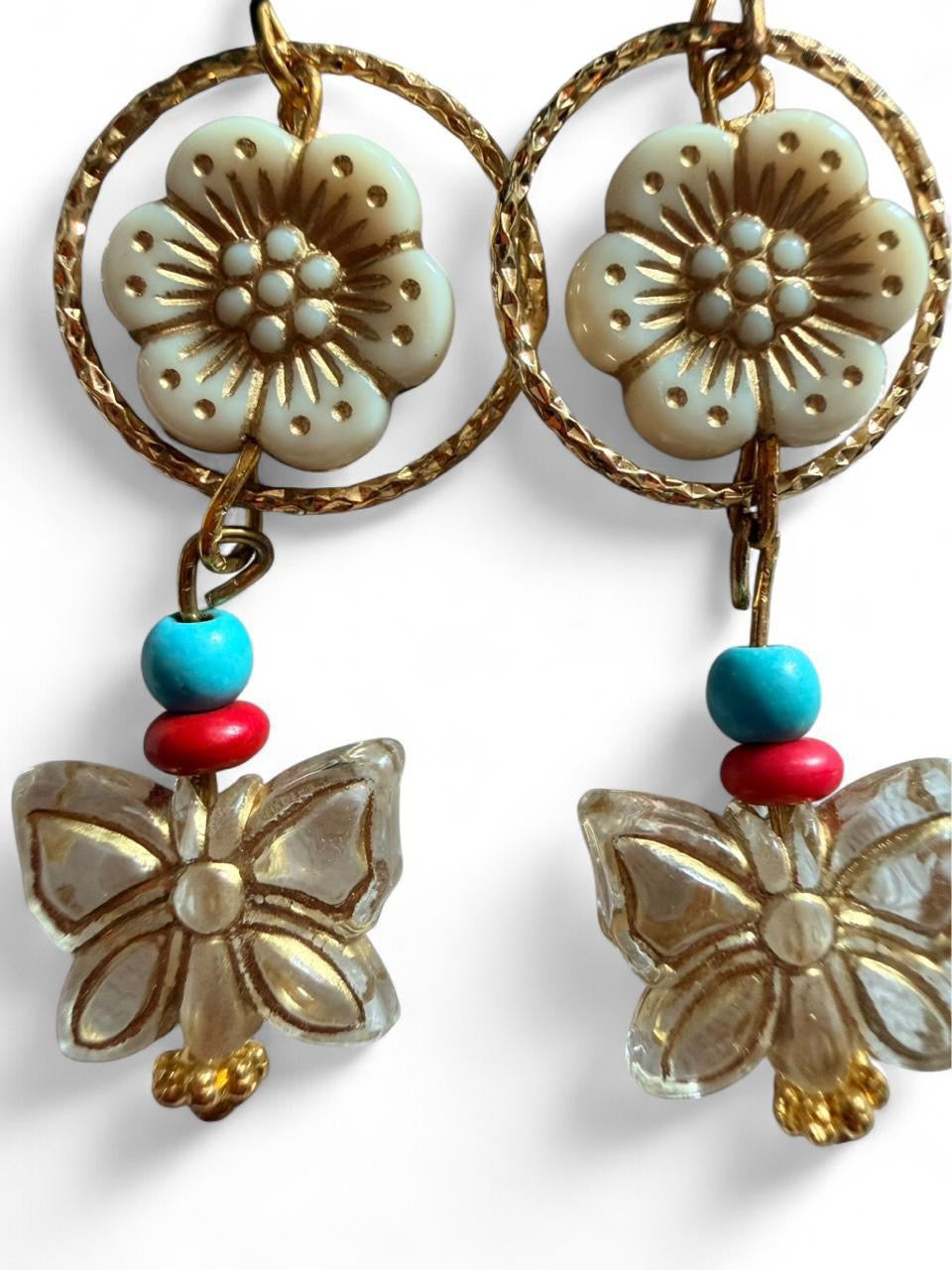 Handmade Boho Butterfly Flower Drop Earrings | Gold Tone Turquoise Red
