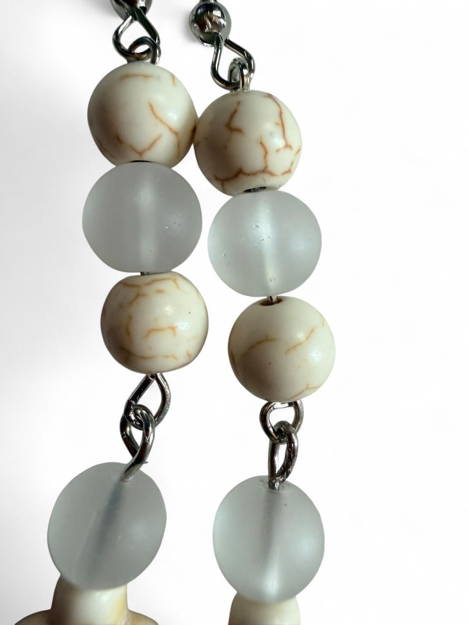 Handmade White Carved Sea Turtle Drop Earrings with Frosted Beads