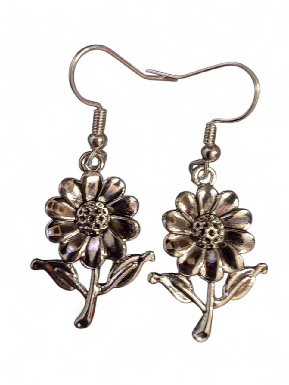 Handmade Silver Flower Drop Earrings | Botanical Daisy Style Dangles