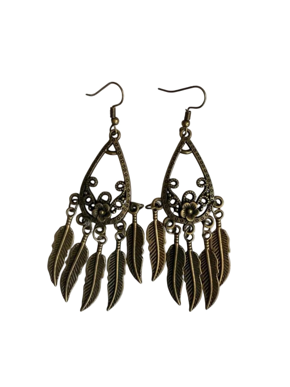 Harvest Souls – Bronze Teardrop Feather Cascade Earrings