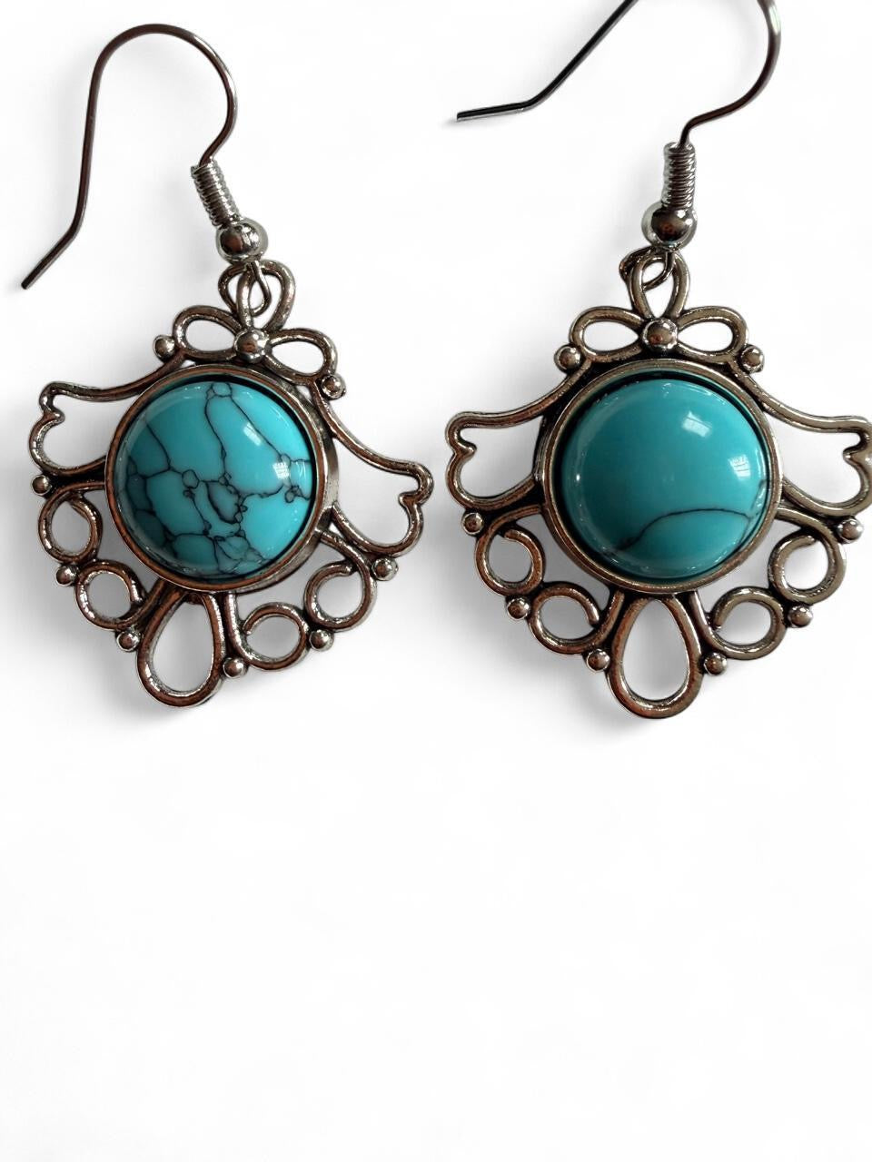 Boho Turquoise Filigree Statement Earrings | Handmade Silver-Tone Dangles