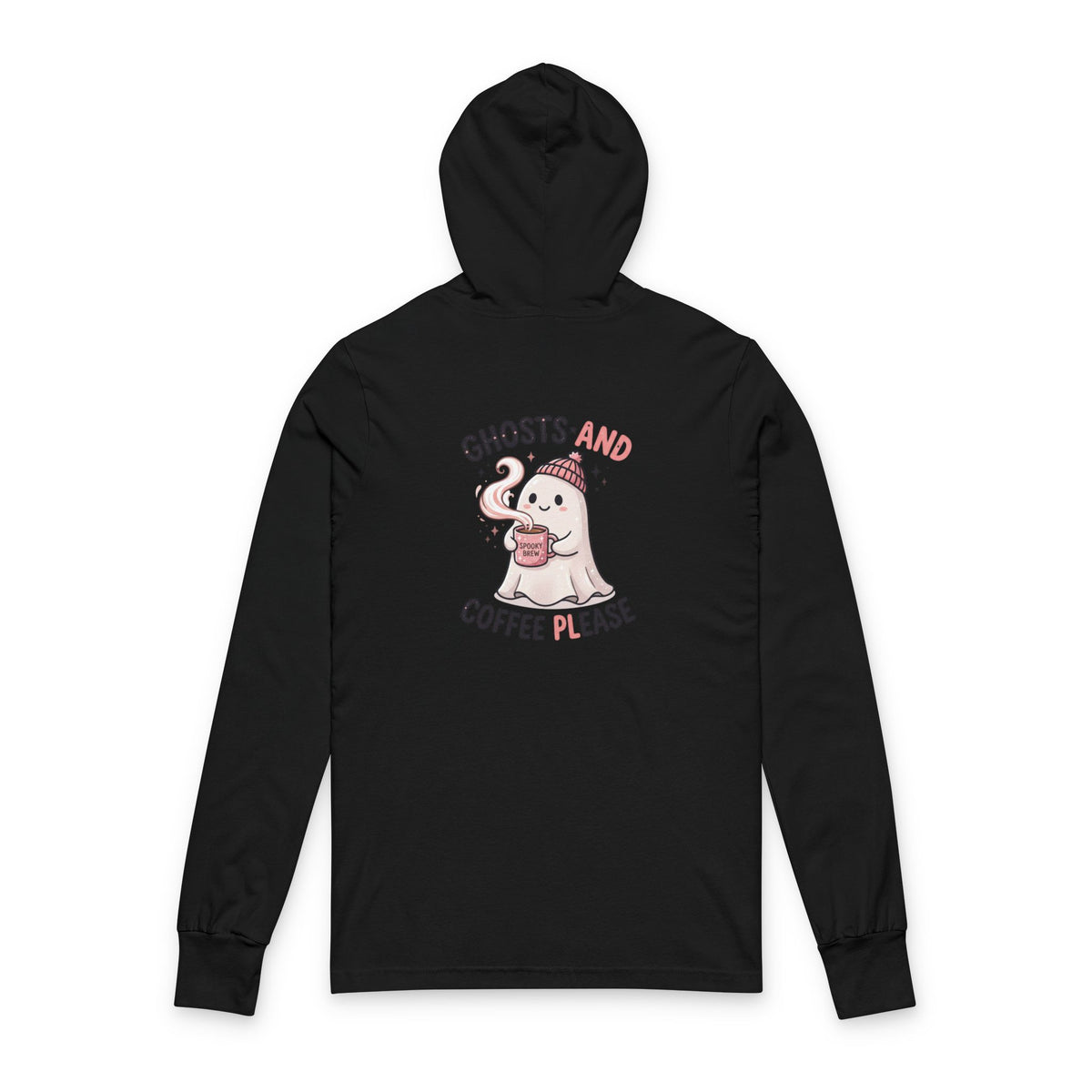 Long Sleeve Hoodie — "Ghosts and Coffee Please" Cute Ghost Graphic